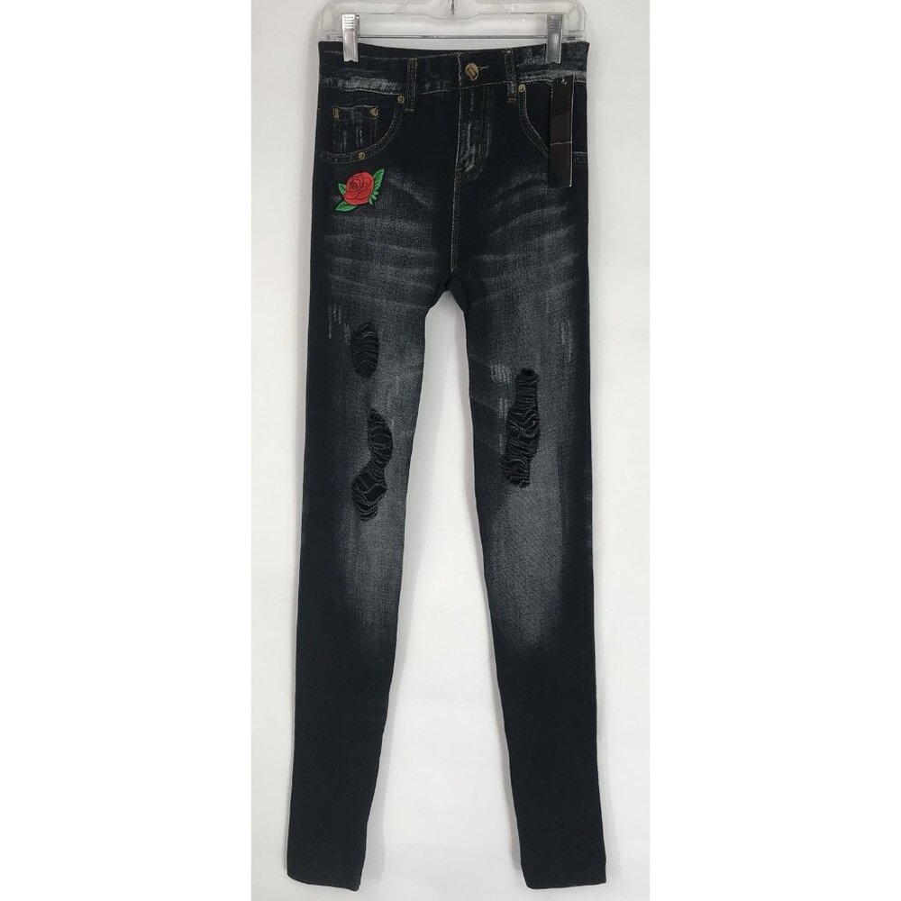 Just One Jeggings Womens Size‎ Large Faux Jeans Rise Floral Stretch Distressed